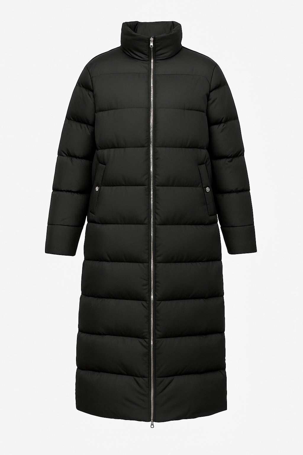 Black Carlie Longline Puffer Jacket with full zip and side pockets, lightweight insulated polyester for autumn and winter warmth.