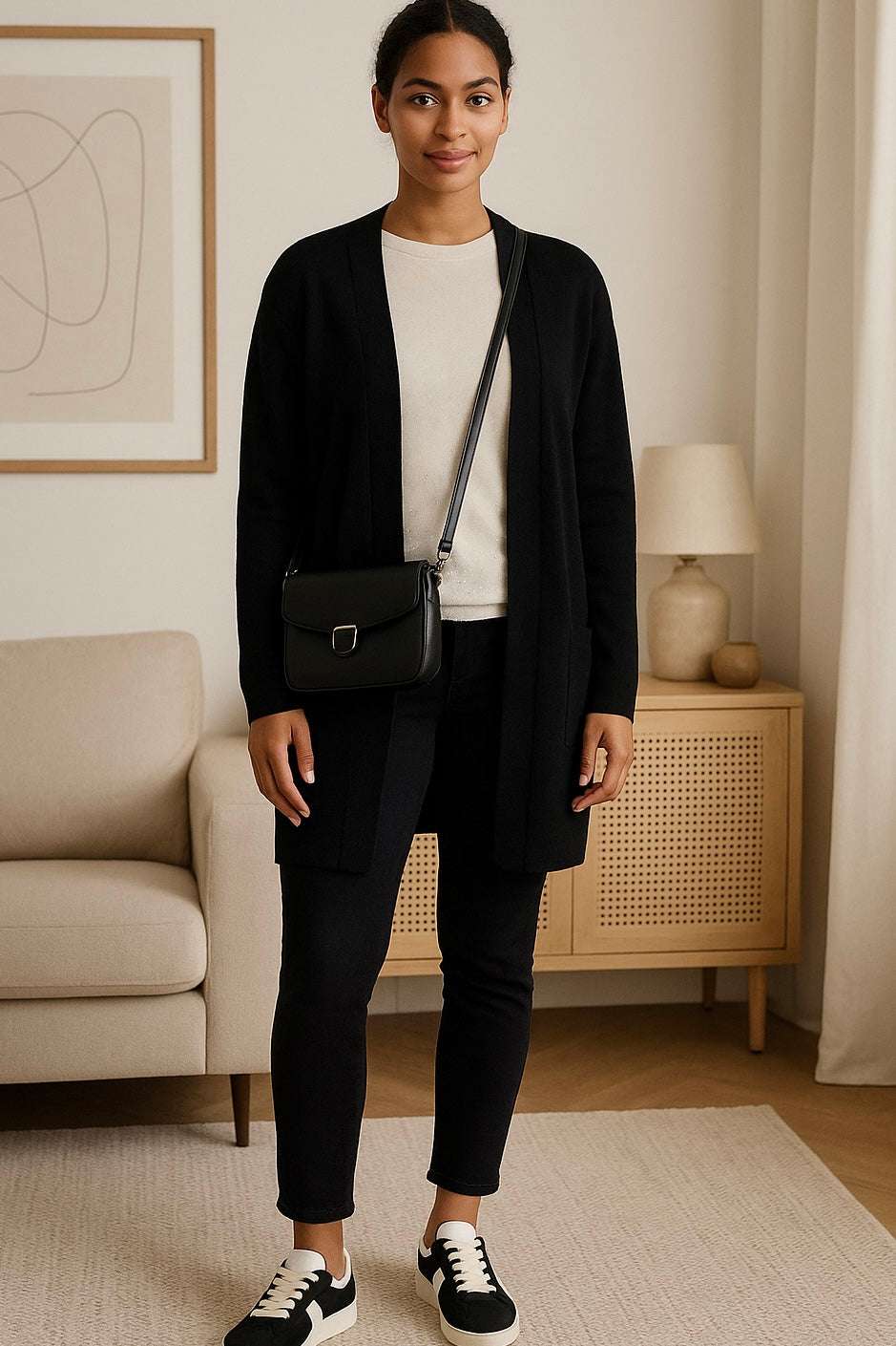 Woman wearing black Hailey Hooded Long Cardigan with black pants and sneakers in a cozy living room setting