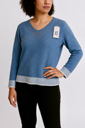 Women's V-Neck Knit Jumper with Striped Hem & Cuff Detail