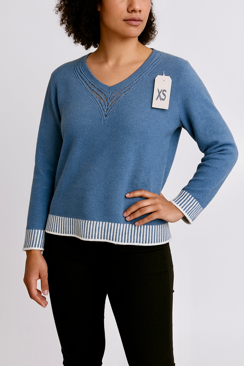Women's V-Neck Knit Jumper with Striped Hem & Cuff Detail