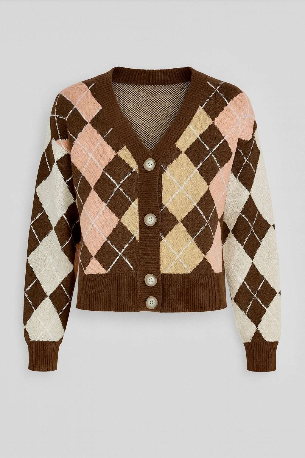 Women's multicoloured argyle cardigan with V-neck, button-down front, ribbed cuffs and hem, made from soft acrylic blend, suitable for UK sizes 8–12.