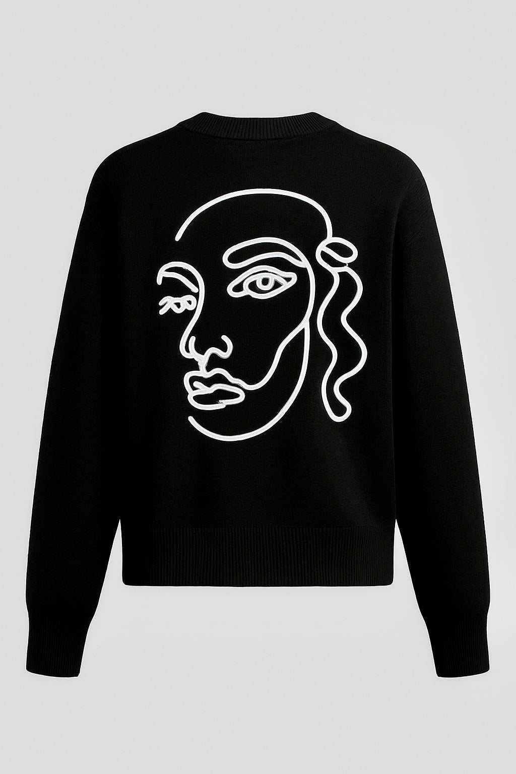 Black graphic jumper with white abstract face sketch design, crew neckline, ribbed cuffs and hem, relaxed fit for women UK 8-14 sizes