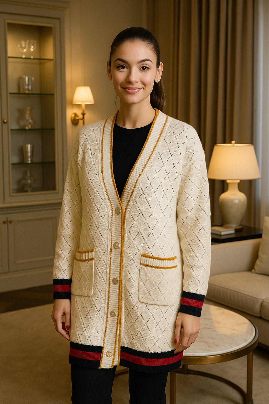 Gold Trim Jacquard Design Long Cardigan