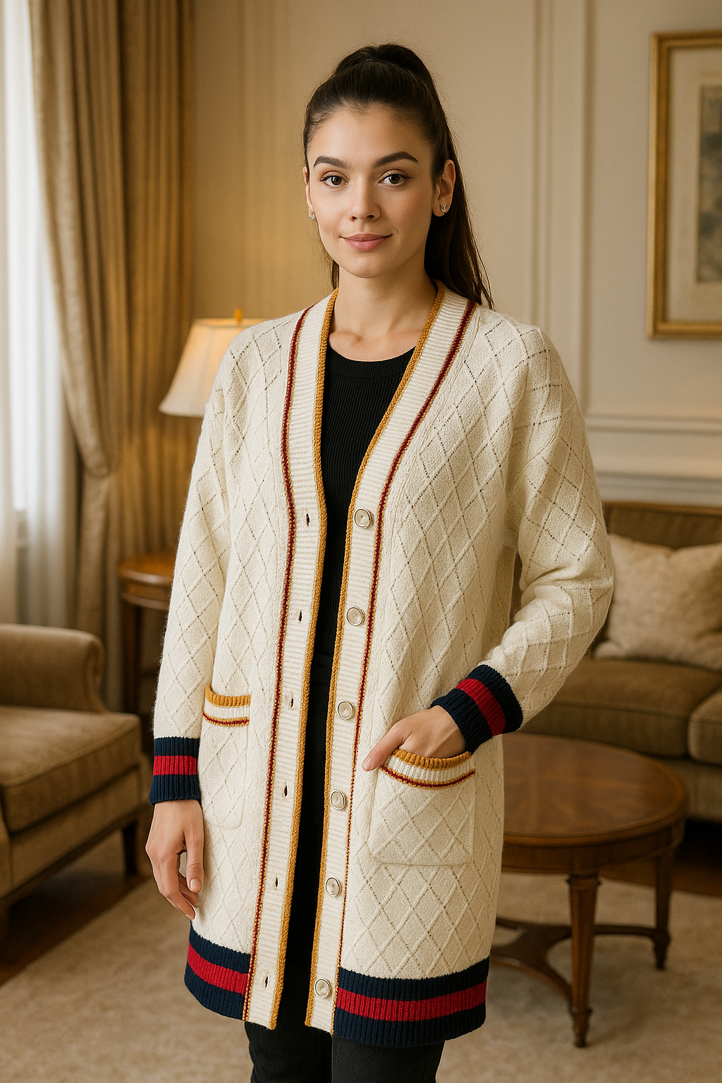 Gold Trim Jacquard Design Long Cardigan