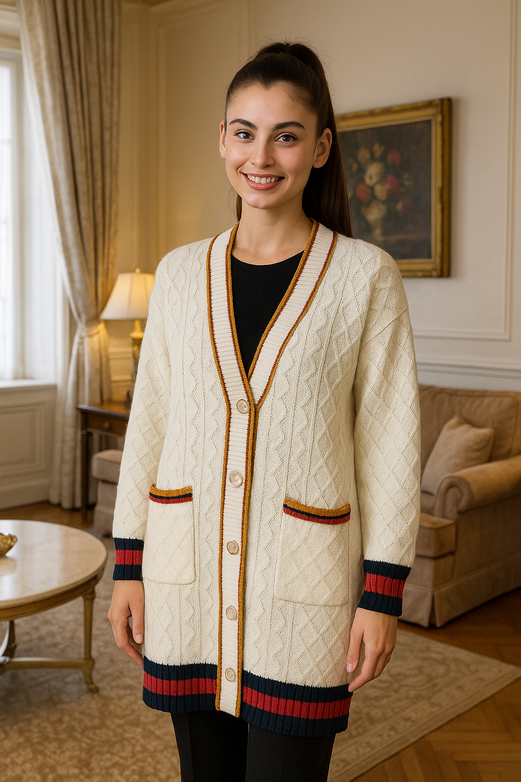 Gold Trim Jacquard Design Long Cardigan