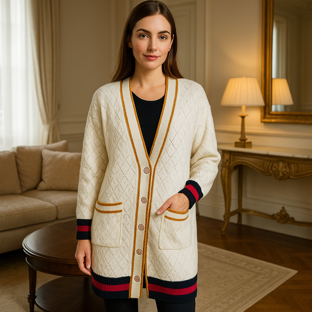 Gold Trim Jacquard Design Long Cardigan