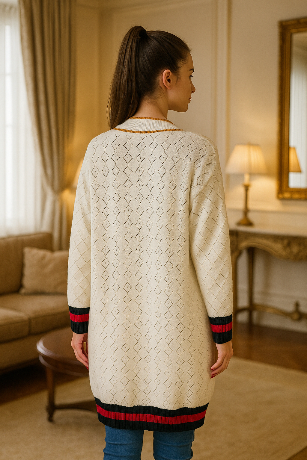 Gold Trim Jacquard Design Long Cardigan