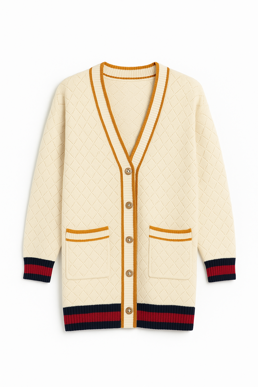 Gold Trim Jacquard Design Long Cardigan