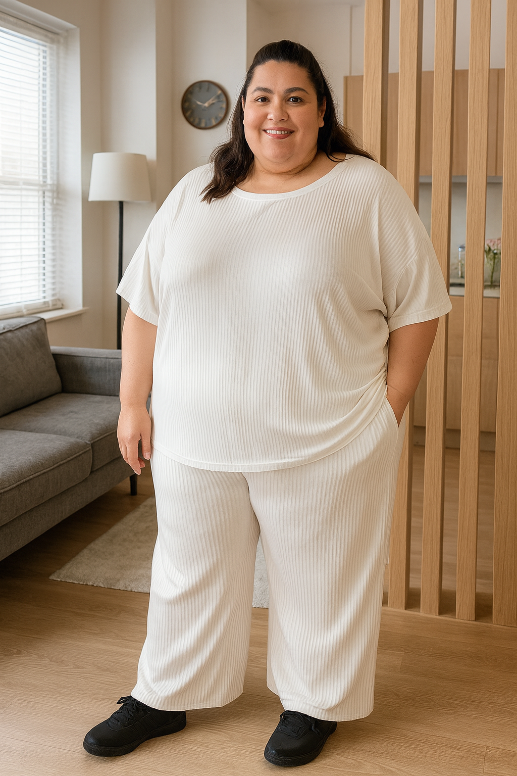 Plus Size Women’s White Ribbed Loungewear Set Comfortable Two Piece Outfit