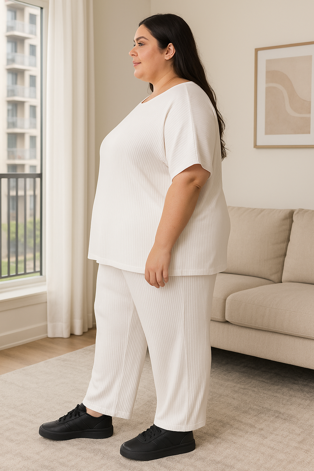 Plus Size Women’s White Ribbed Loungewear Set Comfortable Two Piece Outfit