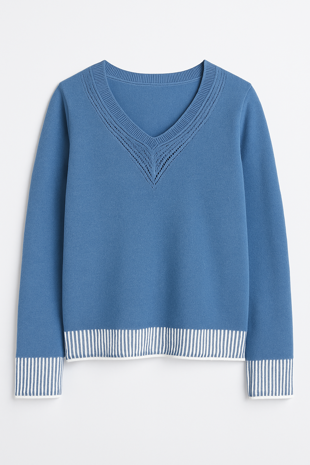 Women's V-Neck Knit Jumper with Striped Hem & Cuff Detail
