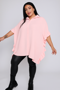 Erin Plus Size Pink Button Through Short Sleeve Shirt With Frill Side Detail