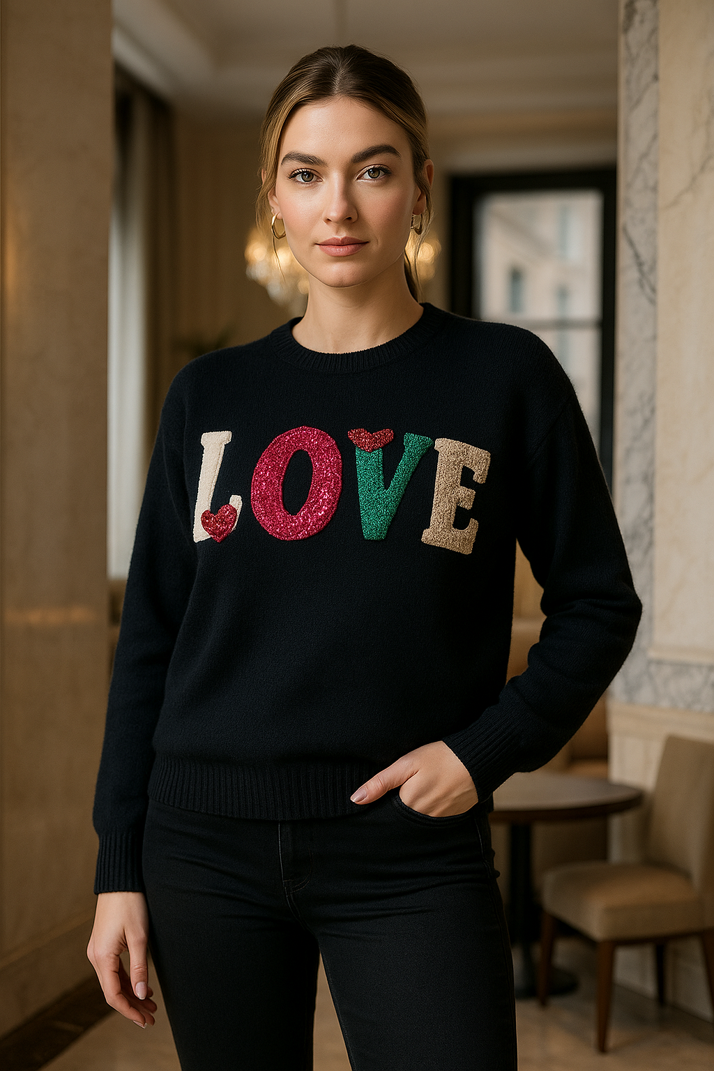 Woman wearing black Love Heart Jumper with colorful "LOVE" letters and heart motif in a cozy indoor setting