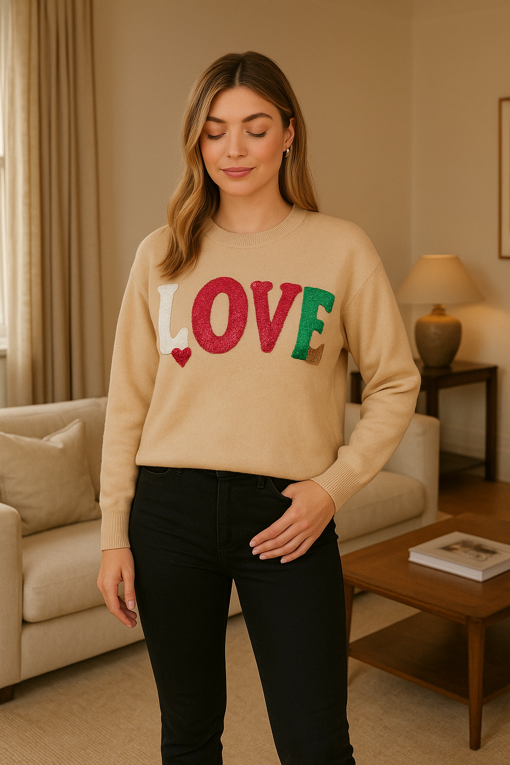 Woman wearing beige Love Heart Jumper with colorful letters and small heart detail, paired with black pants in a cozy living room.