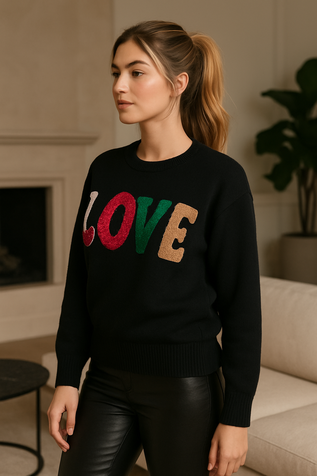 Woman wearing black Love Heart Jumper with colorful letters, styled with black pants in a cozy indoor setting