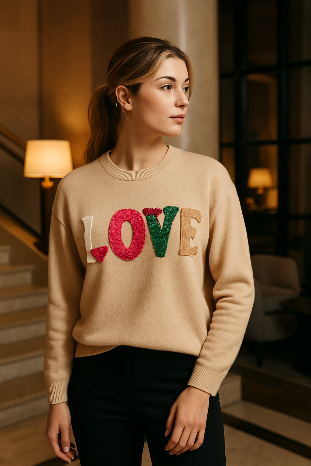 Woman wearing beige Love Heart Jumper with colorful heart motif letters, styled casually indoors