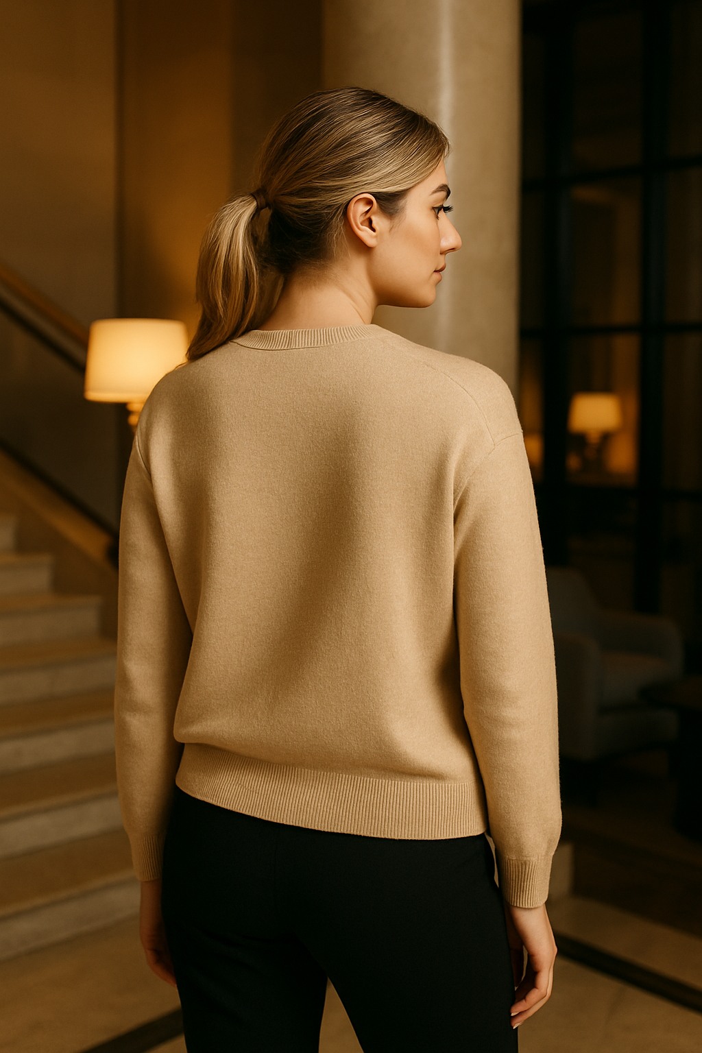 Back view of a woman wearing a beige Love Heart Jumper with a relaxed fit and long sleeves in an indoor setting.