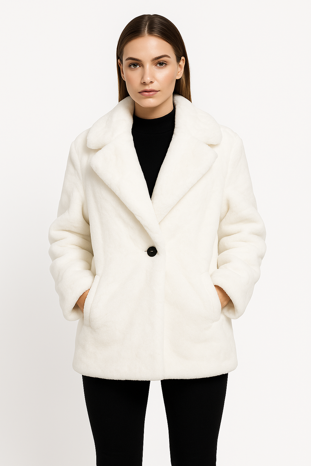 Woman wearing white Hazel Extra Thick Faux Fur coat with soft, thick texture and relaxed fit