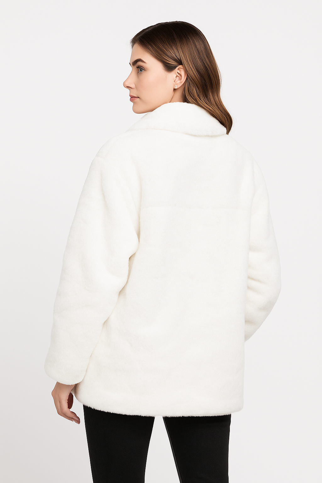Woman wearing white Hazel extra thick soft feel faux fur coat from the back