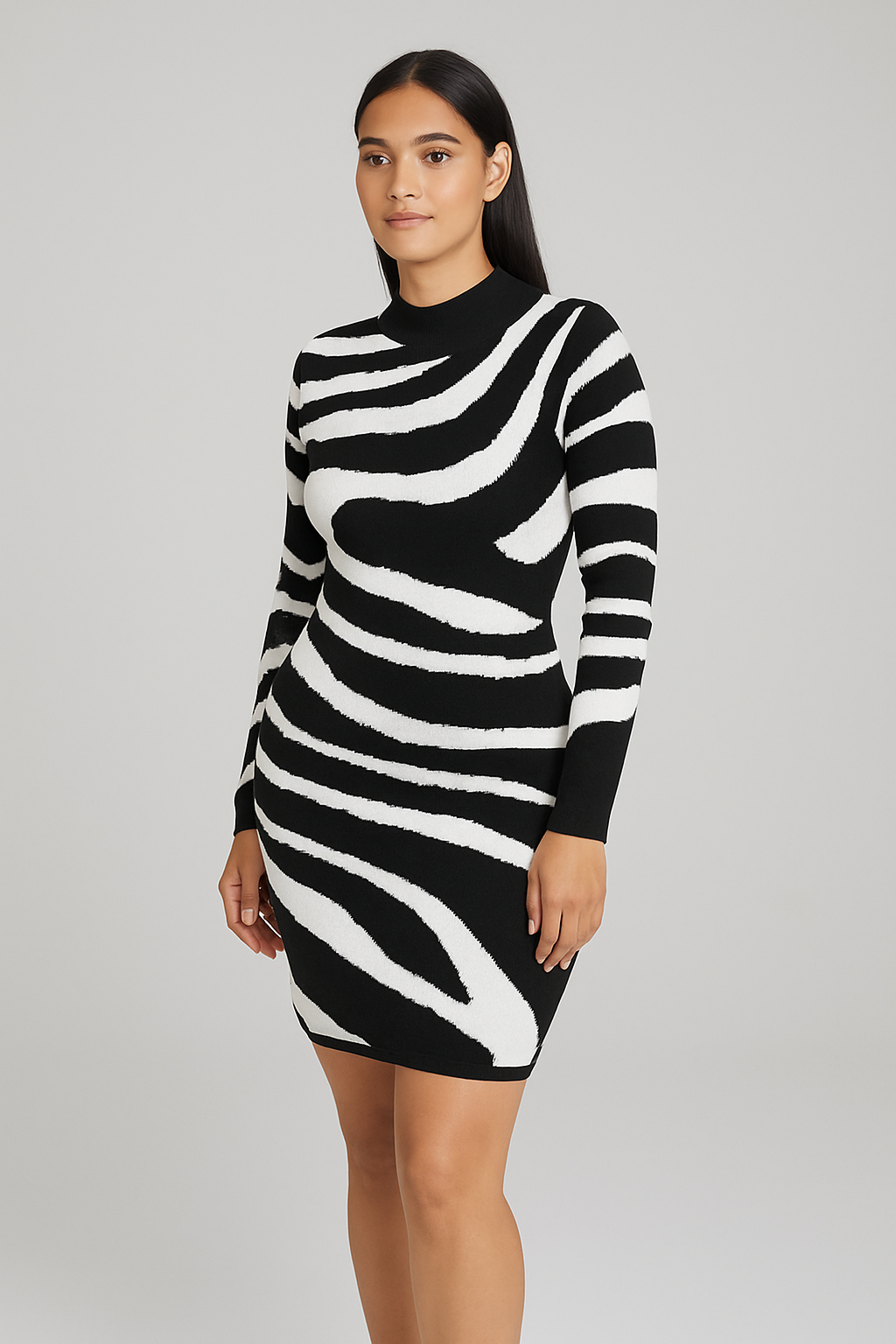 Woman wearing a black and white zebra print bodycon knitted dress with long sleeves and round neckline