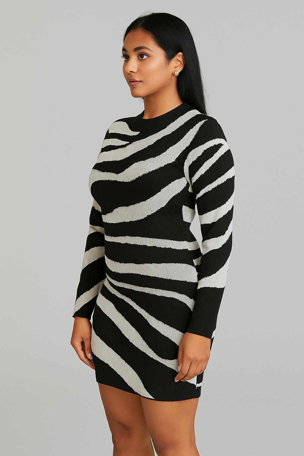 Zebra print bodycon knitted dress with long sleeves and round neckline, fitted silhouette in black and white pattern