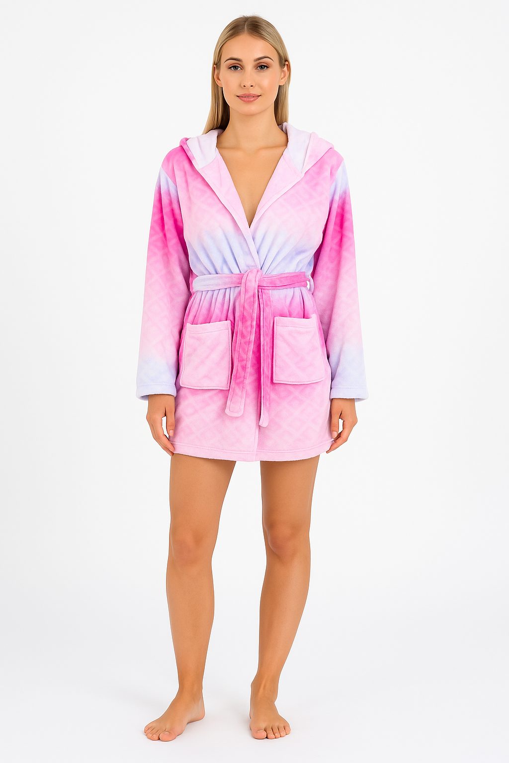 Woman wearing a lightweight pink and purple tie dye dressing gown with a wrap front and adjustable tie belt