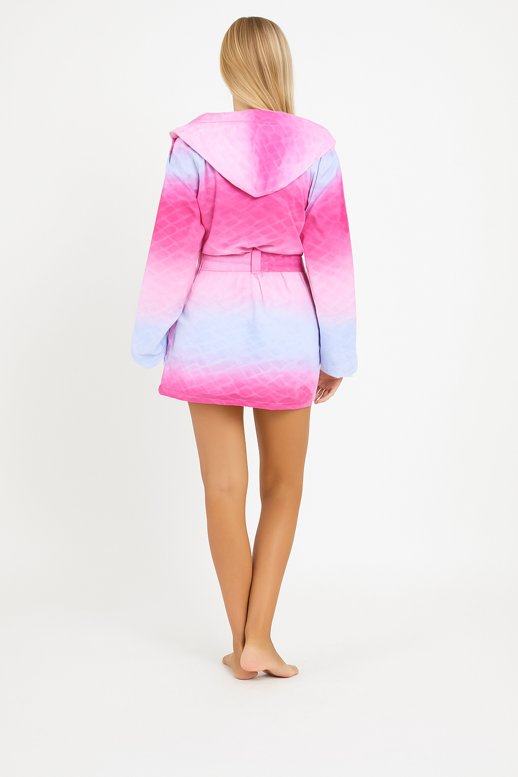 Woman wearing pink and blue tie dye dressing gown with hood and adjustable belt, back view