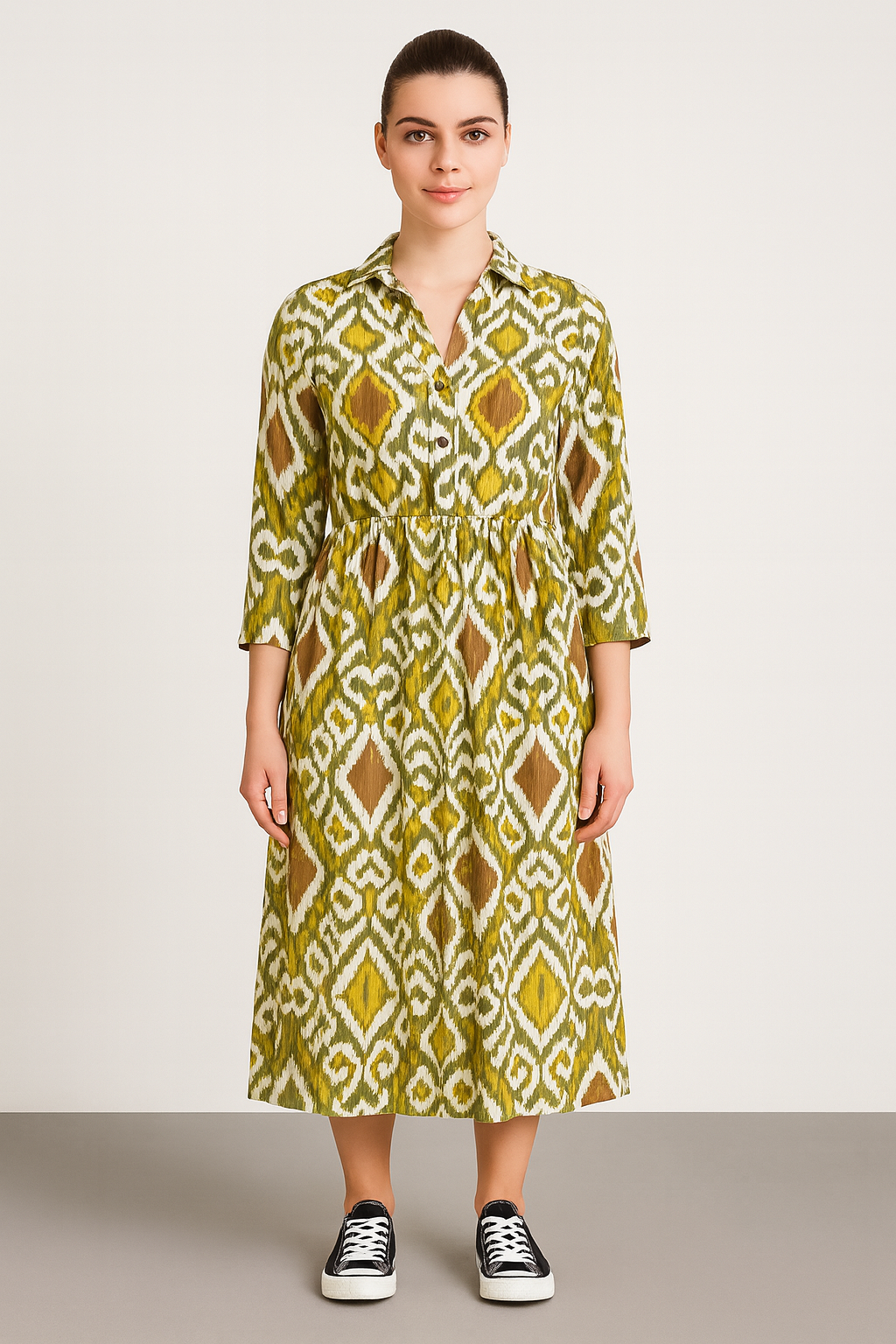 Italian Collar Button Maxi Dress in green patterned lightweight viscose with collar and button-down front, worn with black sneakers