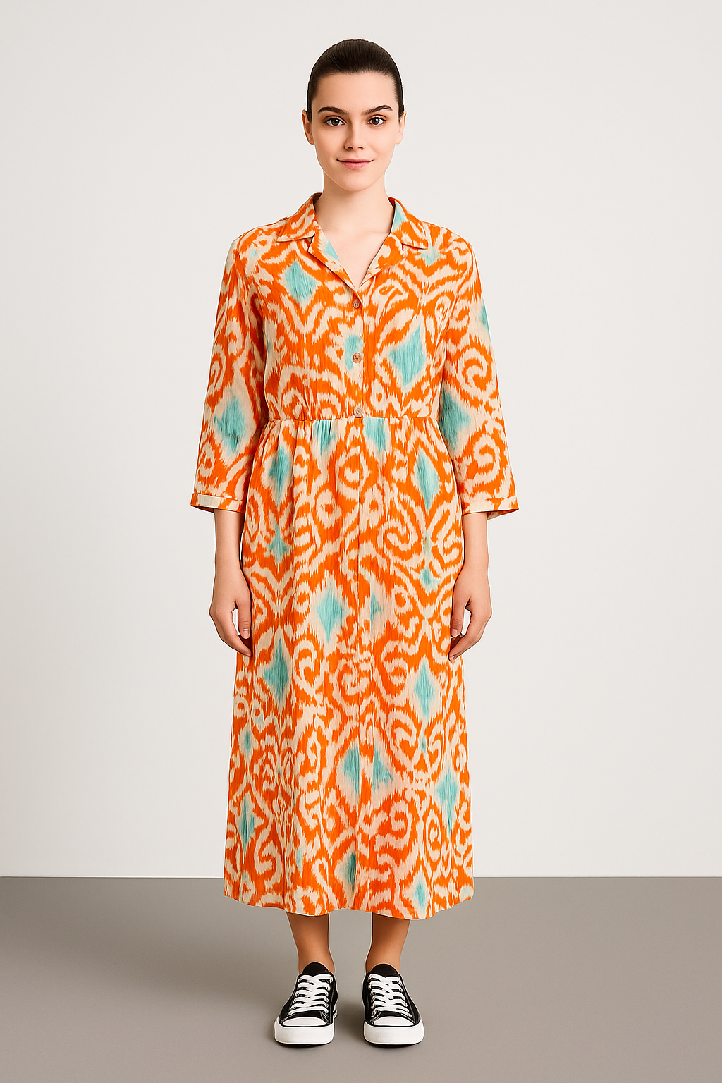 Woman wearing an Italian Collar Button Maxi Dress with orange and blue patterned viscose fabric and button-down front