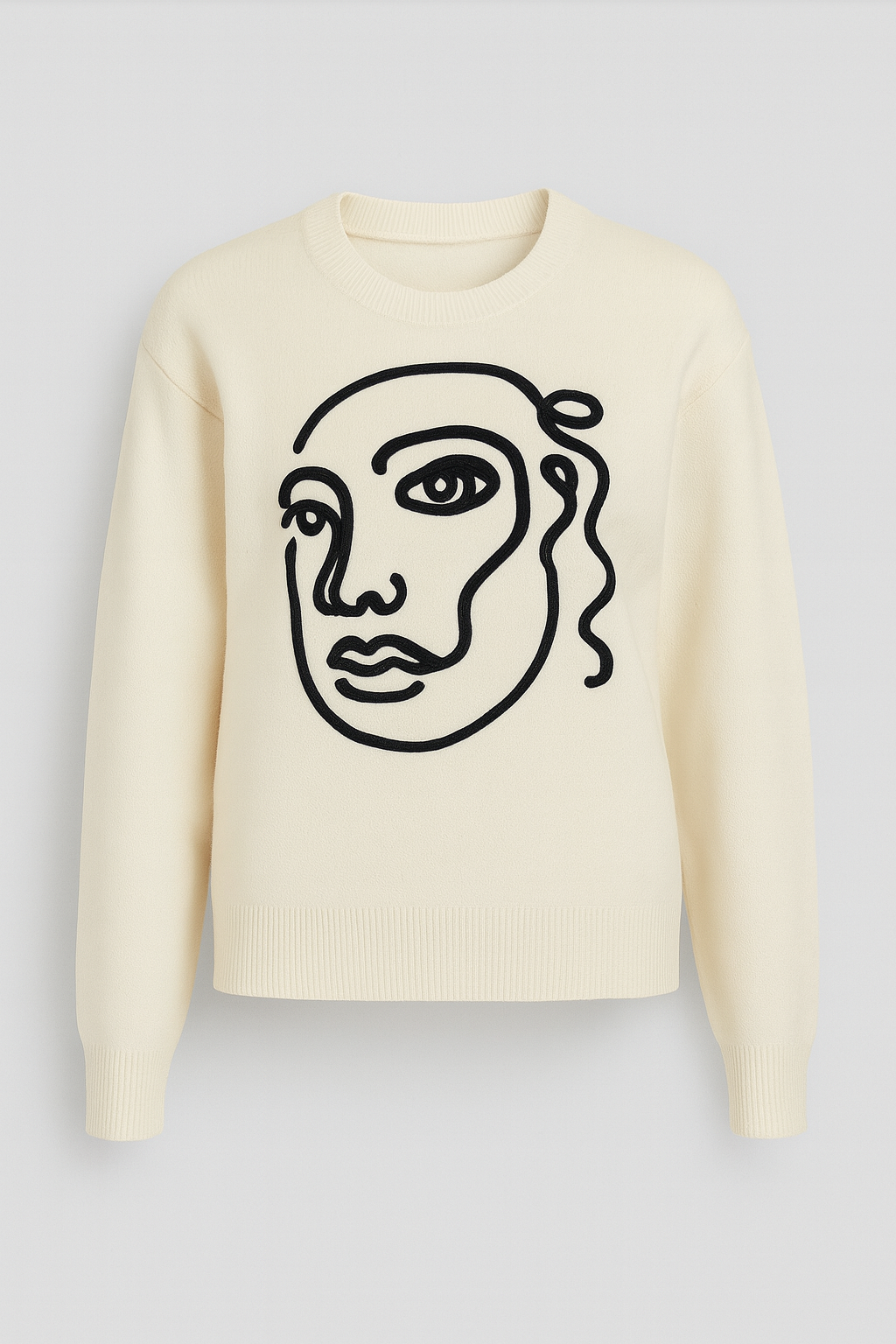 Women's cream Graphic Jumper with bold black abstract face sketch, crew neckline, ribbed cuffs and hem, soft knit fabric, relaxed fit, one size UK 8-14.