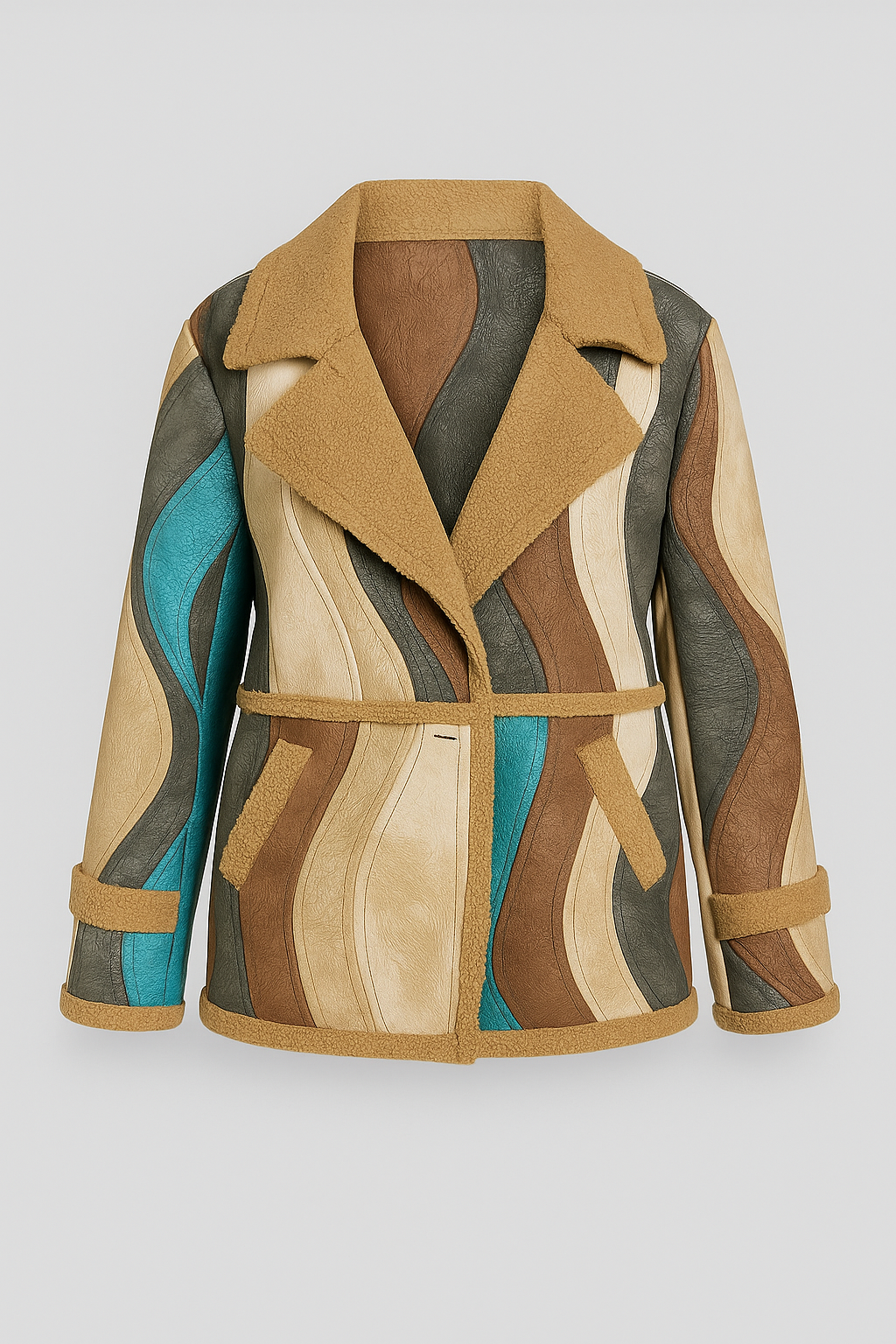 Retro multi coloured women's jacket with vintage patchwork design, teddy-bear lining, front pockets, and relaxed fit UK 10-16