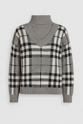 Vee Roll Women’s Jumper with V-neck and roll neck in grey checked pattern knitwear
