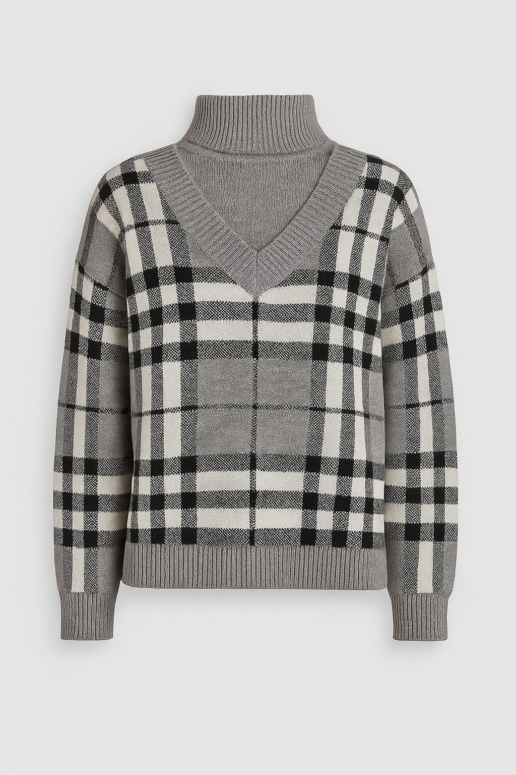 Vee Roll Women’s Jumper with V-neck and roll neck in grey checked pattern knitwear