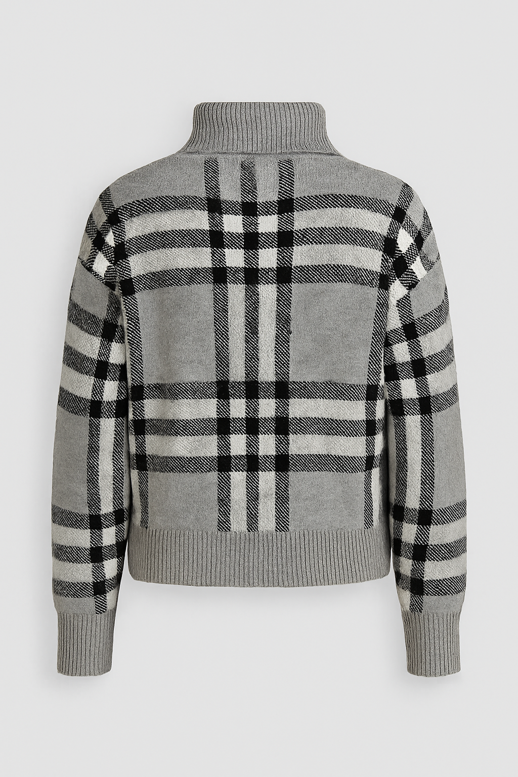 Back view of Vee Roll Women’s Jumper in grey and black checked pattern with roll neck and ribbed cuffs and hem