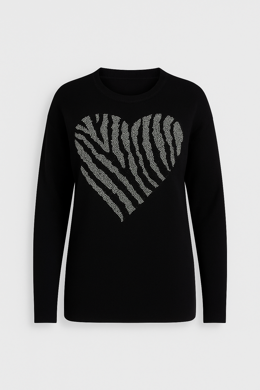 Black Big Heart Women’s Jumper with elegant diamanté heart motif and soft-touch knit fabric blend for comfort and durability.