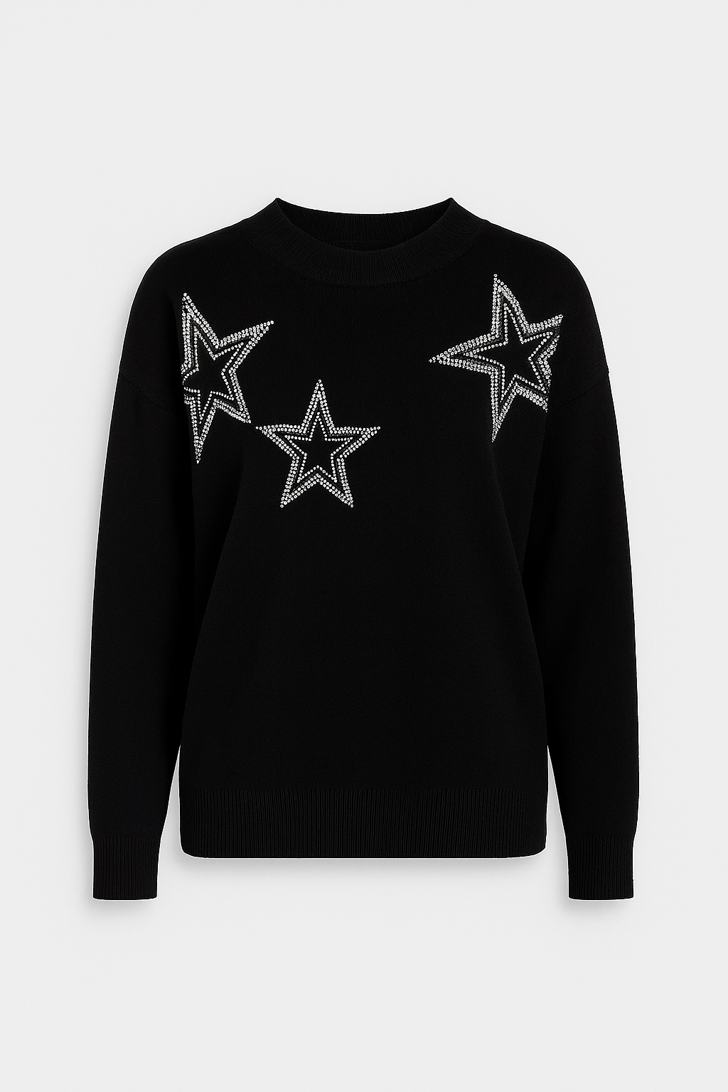 Black Triple Star Women’s Jumper with three sparkling star embellishments from Ivory Luxe, made from soft, stretchy luxe fabric for comfort and style.