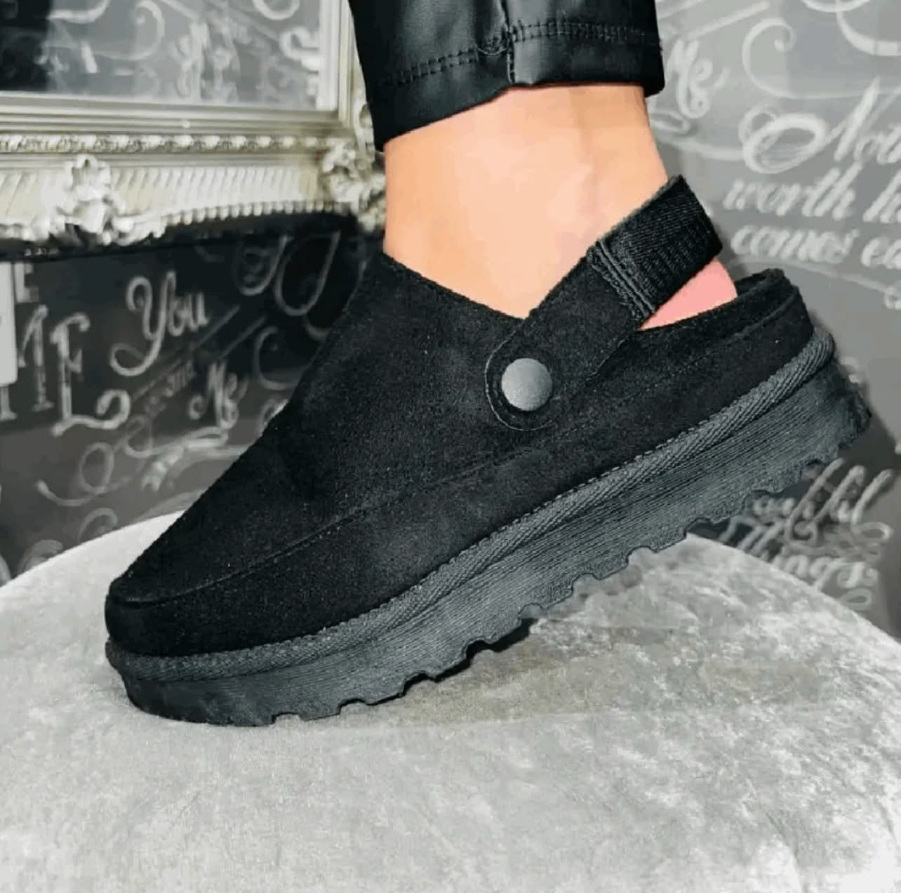 Faux Suede Black Strap Slip on Clogs