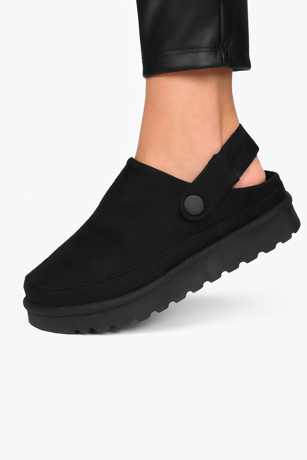 Faux Suede Black Strap Slip on Clogs