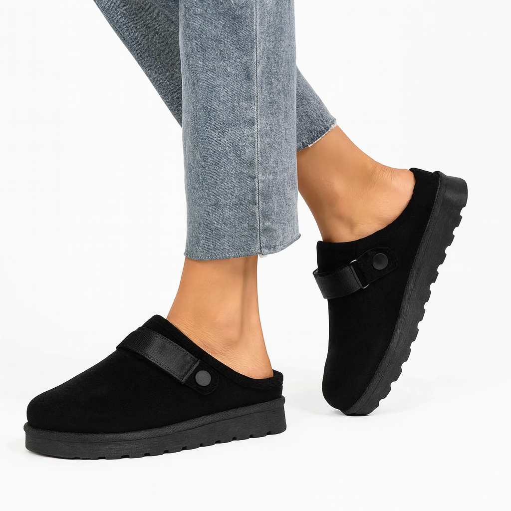 Faux Suede Black Strap Slip on Clogs