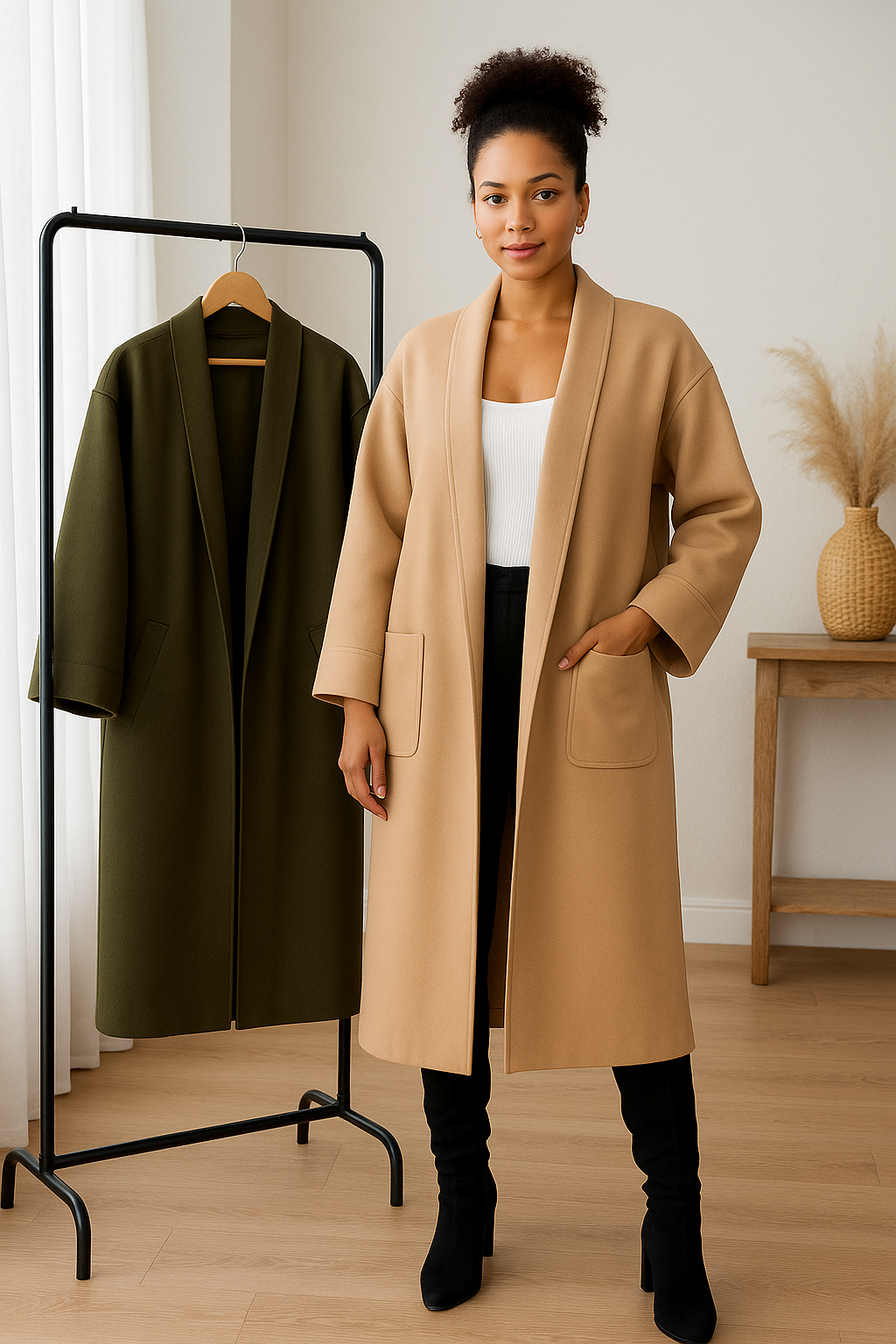 Woman wearing beige Charlie Long Coat with pockets standing next to olive green Charlie Long Coat on rack