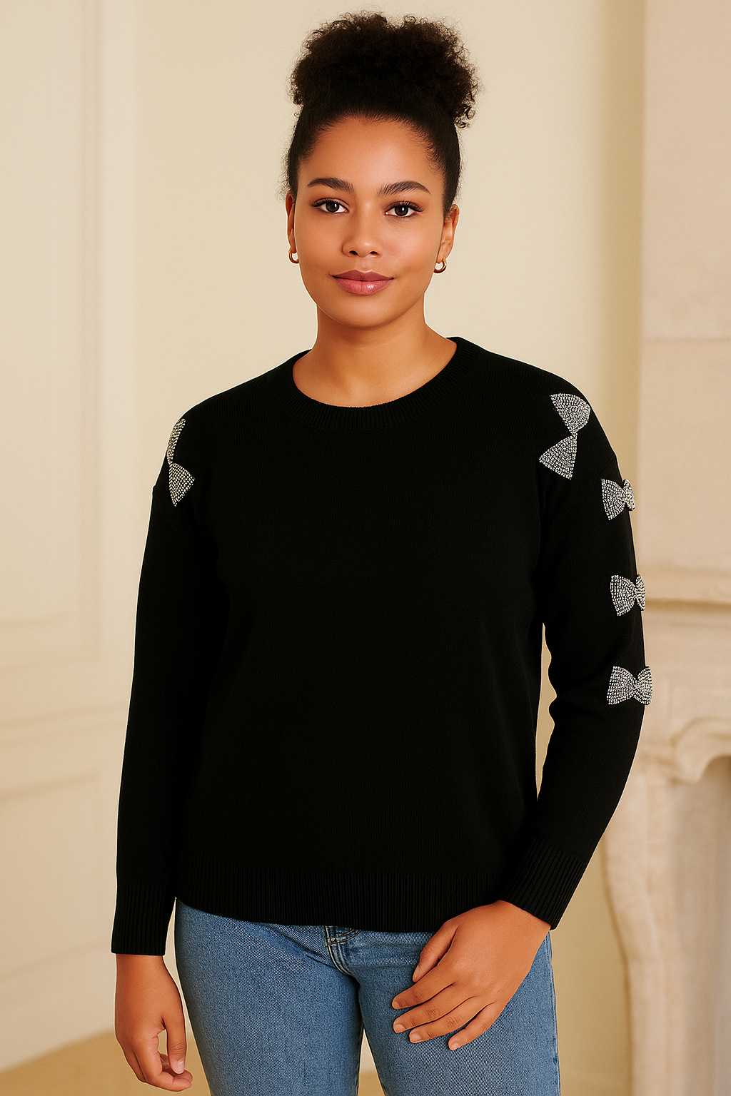Black Bow Side Diamond Detailed Jumper with shimmering diamanté bow accents on sleeves, soft knit and flattering fit