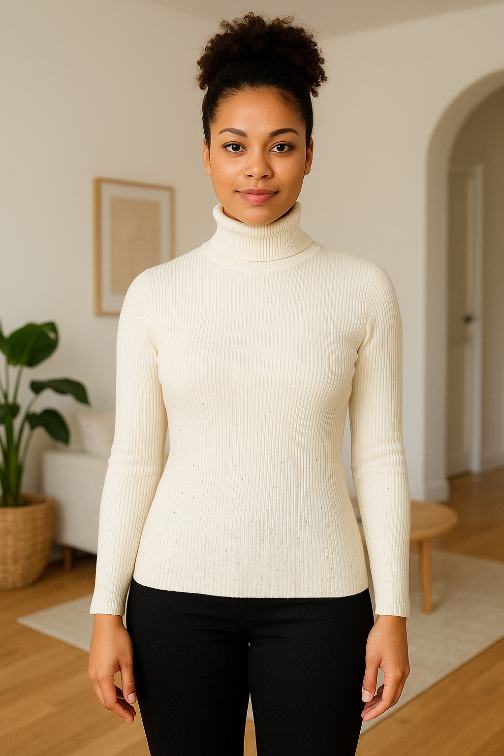 Carol Women’s Stud detailed cream roll neck jumper with long sleeves and stud embellishments, styled on a woman in a bright indoor setting