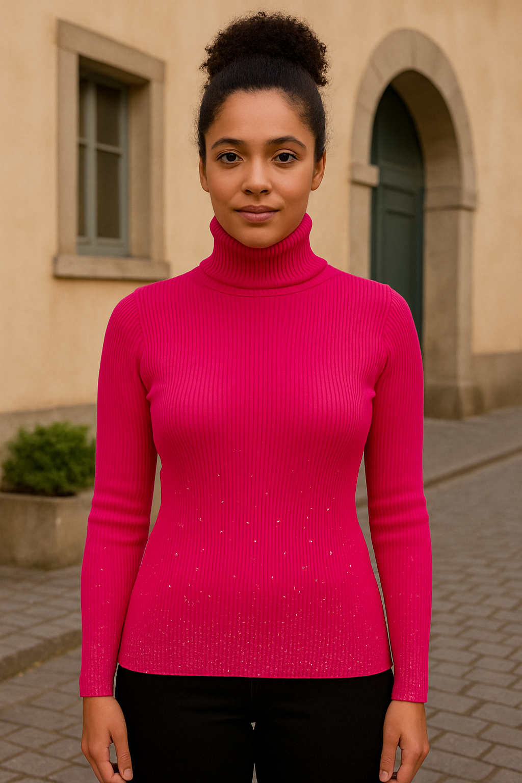 Carol Women’s Stud detailed pink roll neck jumper with stud embellishments on sleeves and lower half, styled on a woman outdoors