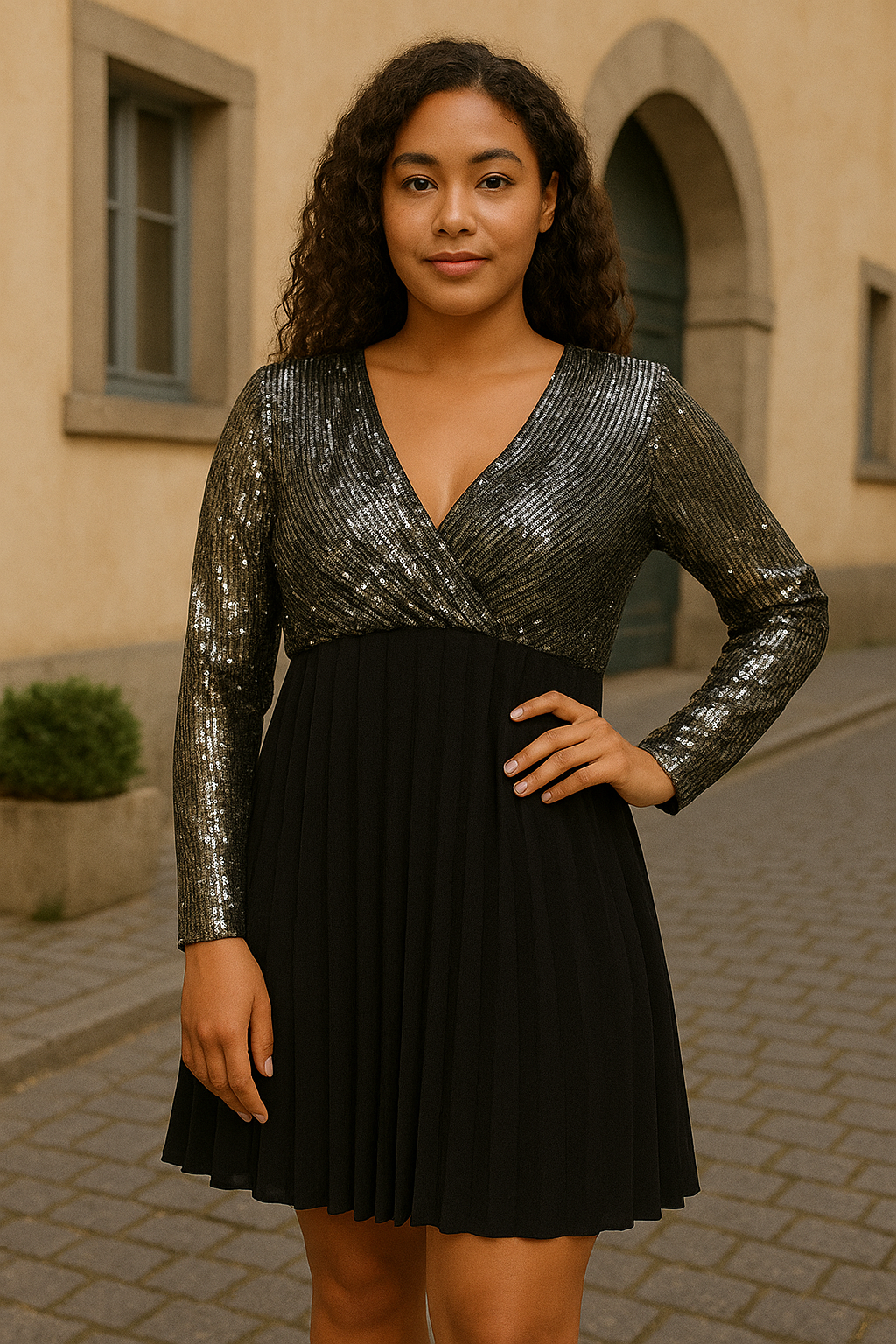 Woman wearing a sparkle occasion dress with a sequined top and pleated black skirt standing outdoors