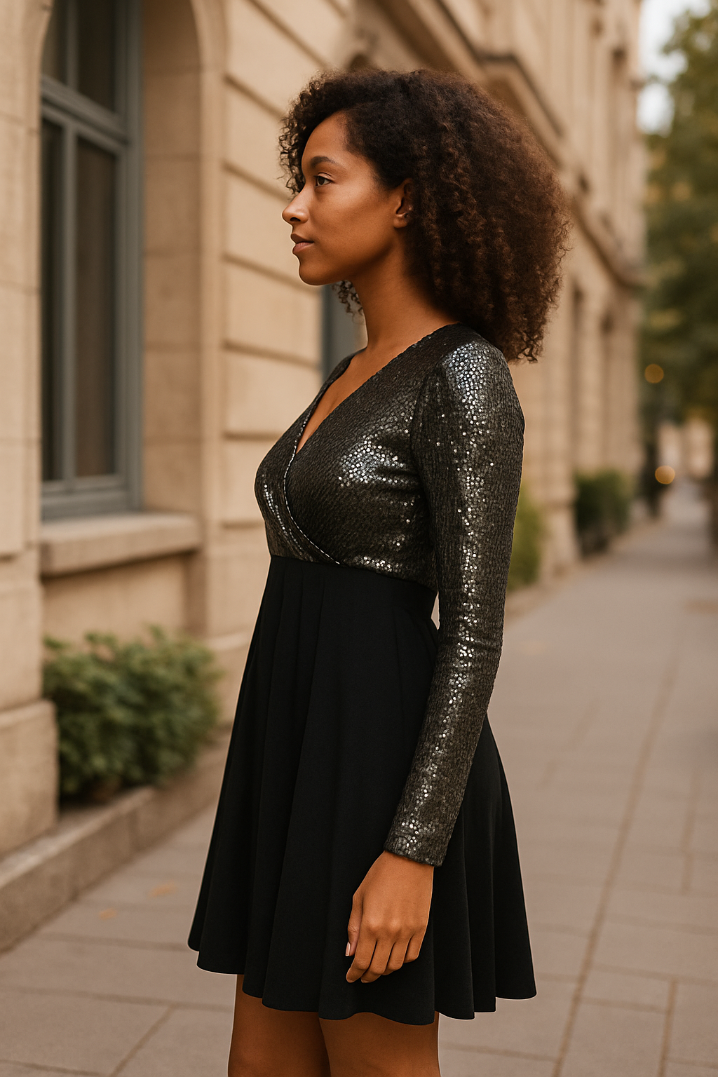 Woman wearing black sparkle occasion dress with sequin top and pleated skirt outdoors