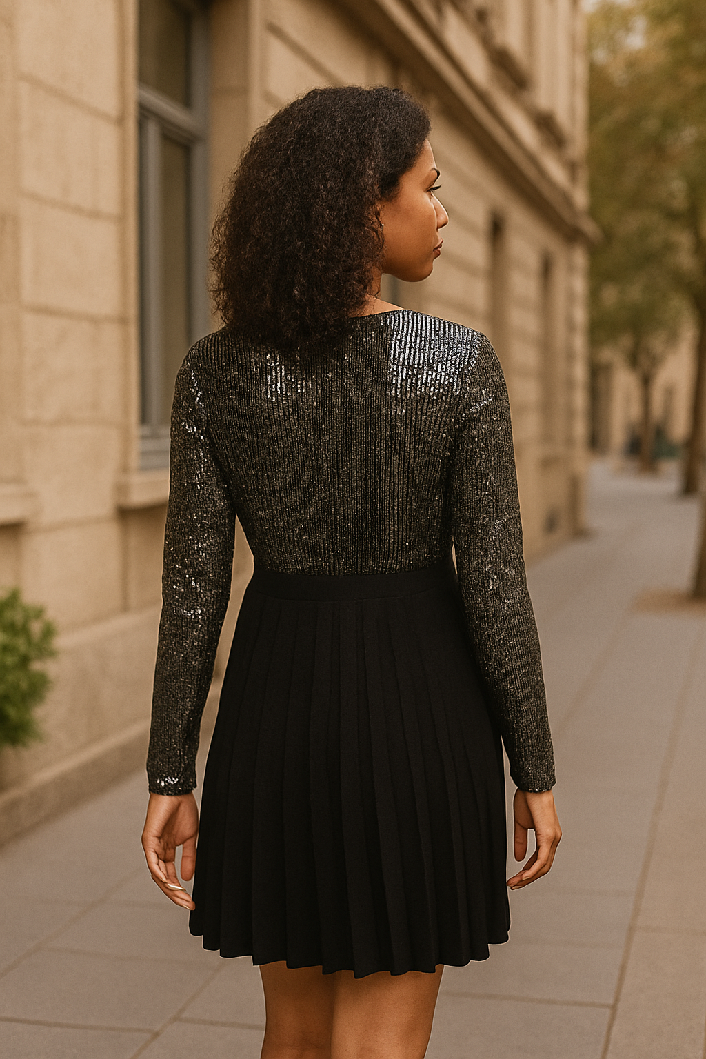 Back view of woman wearing black sparkle occasion dress with sequin top and pleated skirt on city street