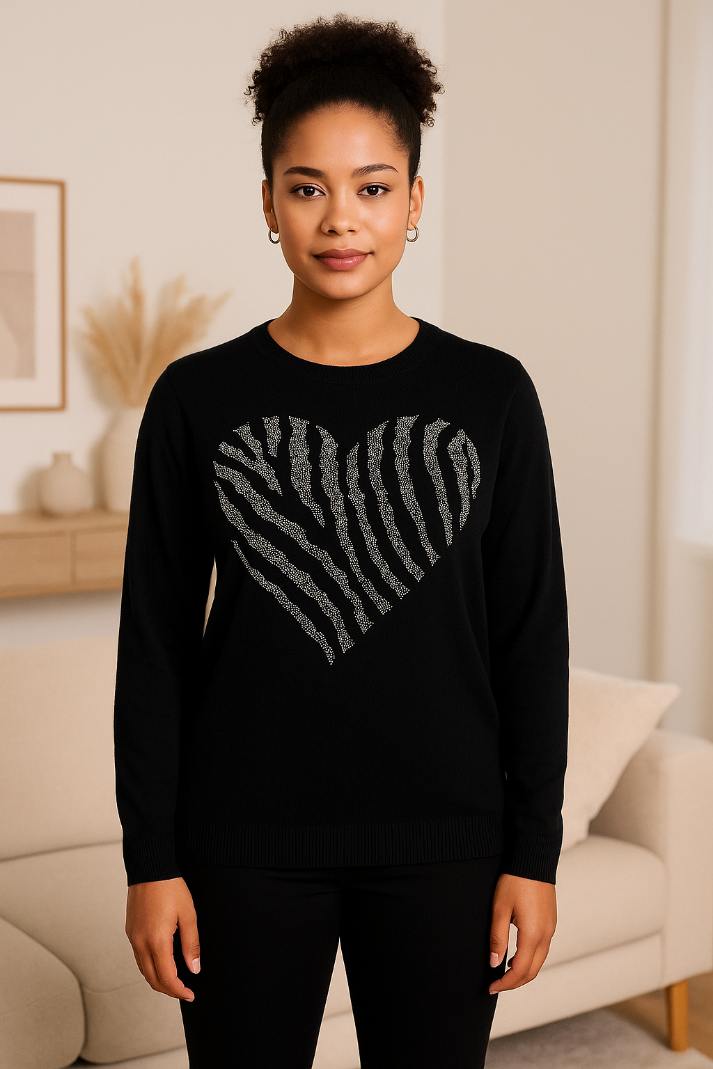 Big Heart Women’s Jumper in black with diamanté zebra heart detail, soft knit blend, modeled indoors