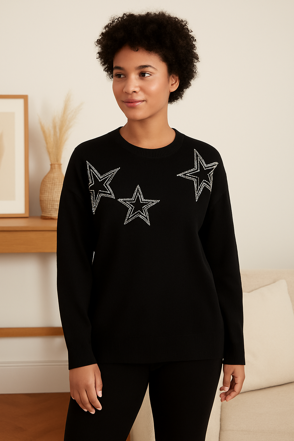 Triple Star Women’s Jumper in black with three sparkling star embellishments, soft lightweight knitwear for women.