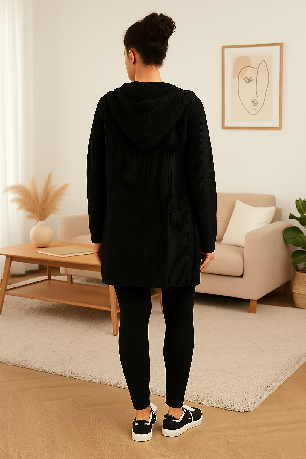 Back view of woman wearing black Hailey Hooded Long Cardigan with relaxed fit and hood in cozy living room setting