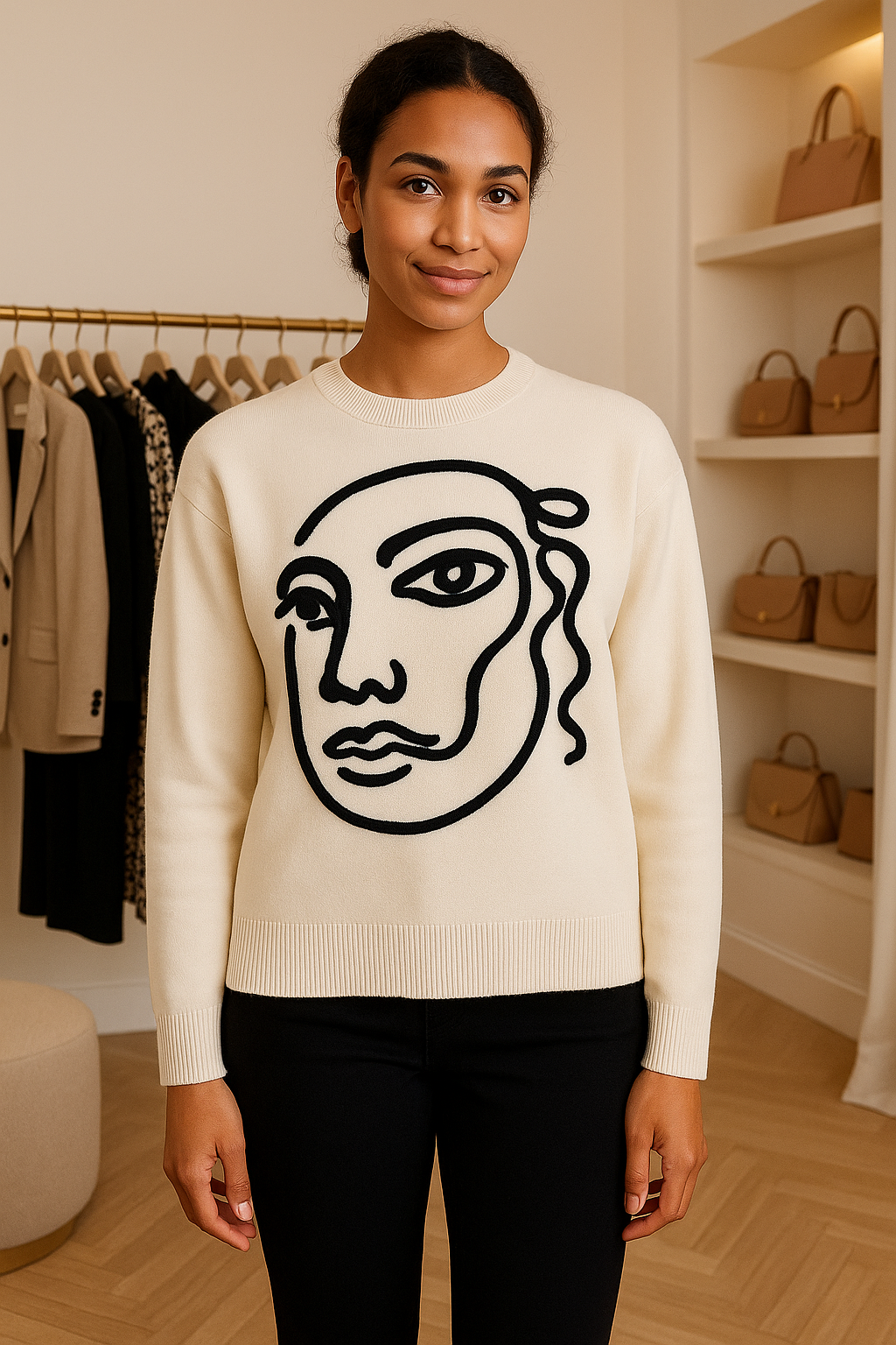 Woman wearing a cream Graphic Jumper with a bold black artistic face sketch print, crew neckline, and ribbed cuffs and hem.